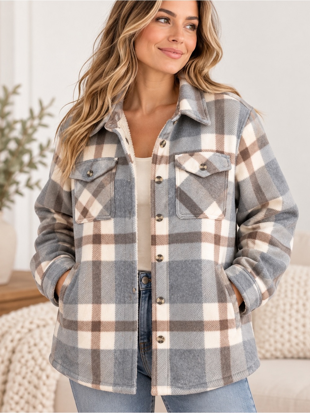 SAGE Collective Sherpa Lined Plaid Shacket Jacket Medium Gray Cream Tan Cozy